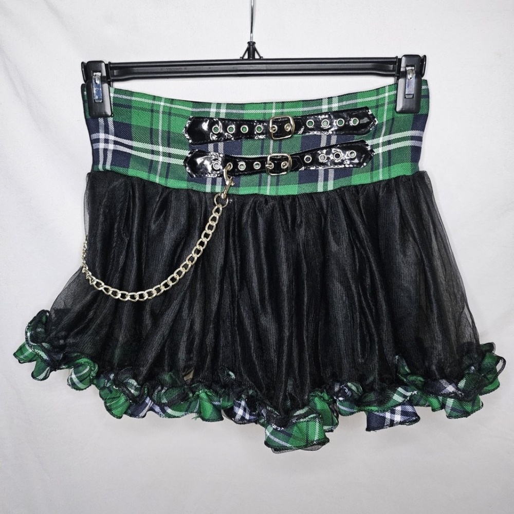 Womens Fantasy Lingerie Green Plaid Chain Buckle Grunge School Girl Skirt M L